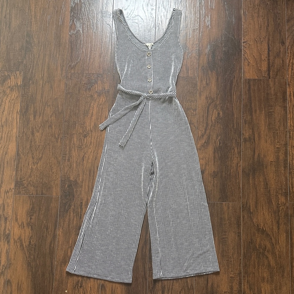 Striped Sleeveless Wide-Leg Jumpsuit in Black & White